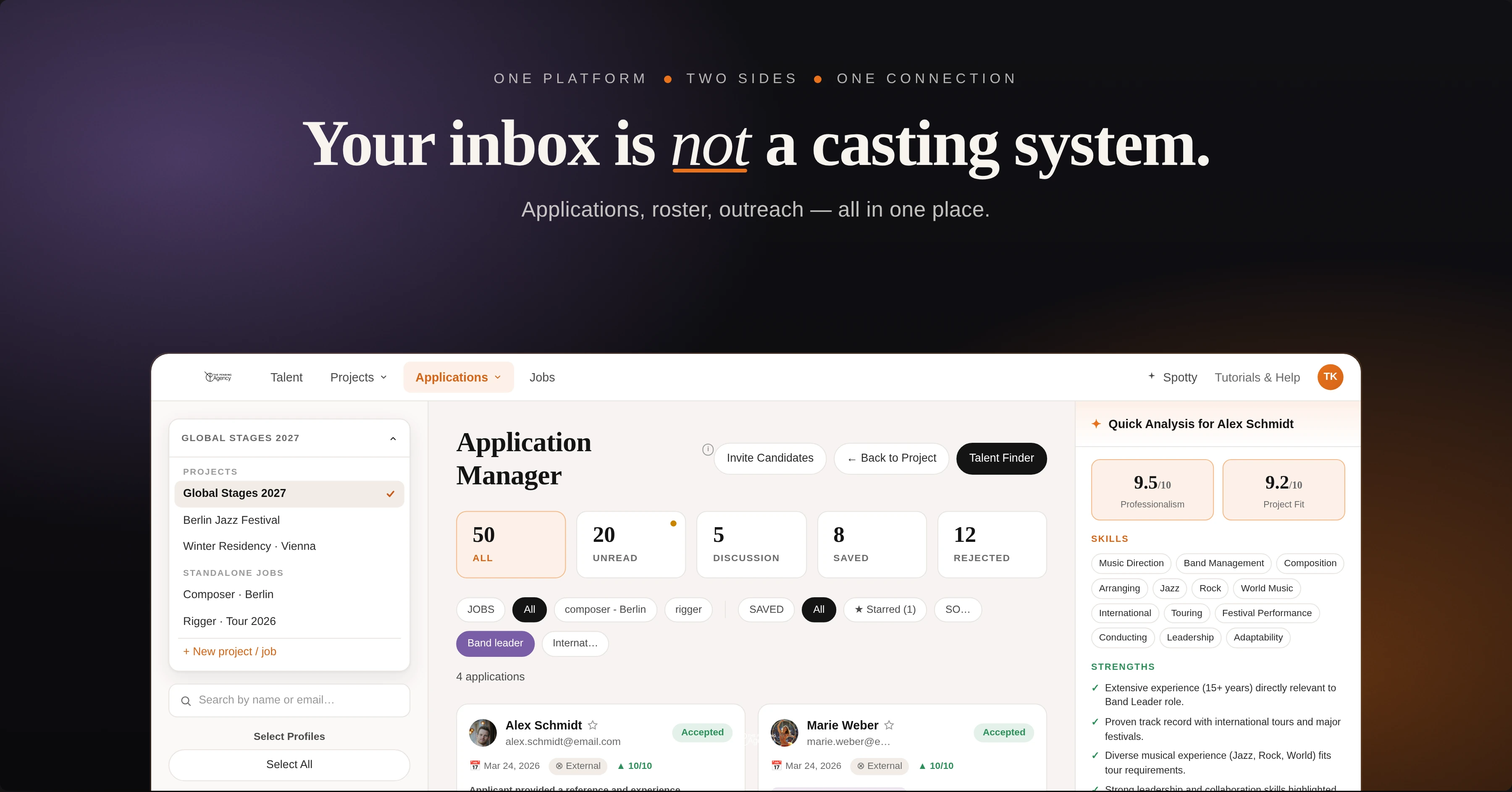 The Pending Application Manager: project sidebar, applications sorted by status, and an AI quick analysis with scores, skills and strengths for a candidate.
